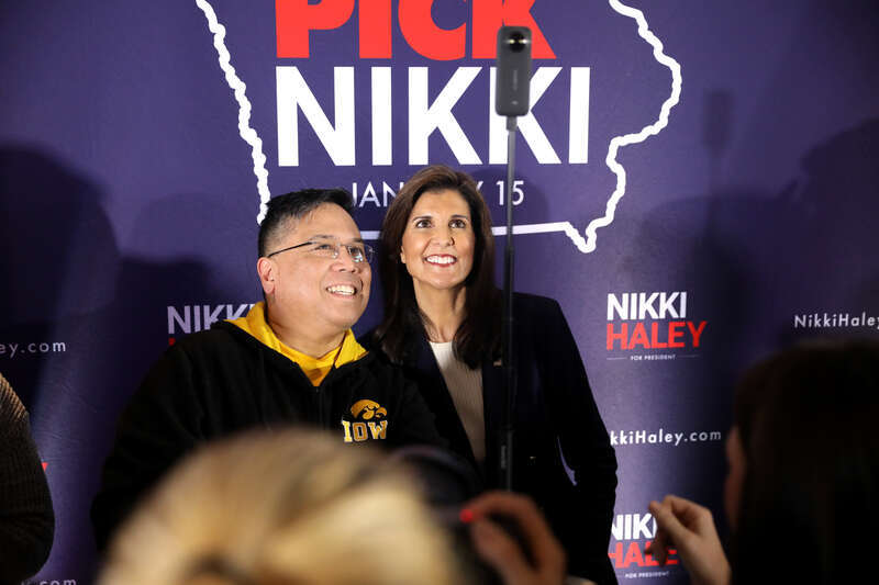 Former United Nations Ambassador Nikki Haley speaking with a supporter at a campaign rally at Toast in Ankeny, Iowa.

Please attribute to Gage Skidmore if used elsewhere.