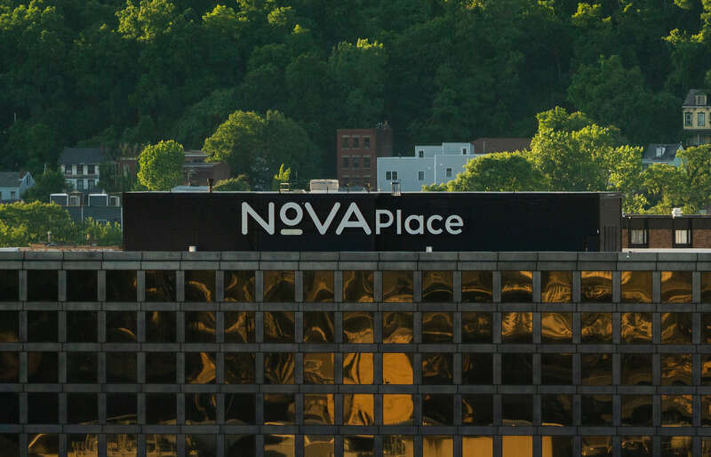 Nova Place, a corporate campus office building at 100 S. Commons in the downtown North Side of Pittsburgh, Pennsylvania. Nova Place advertises that it is the multi-million dollar redevelopment of the Allegheny Center, with 1.5 million square feet of