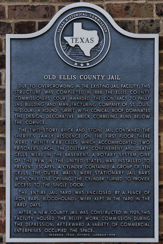 Old Ellis County Jail historical marker in Waxahachie, Texas, United States.