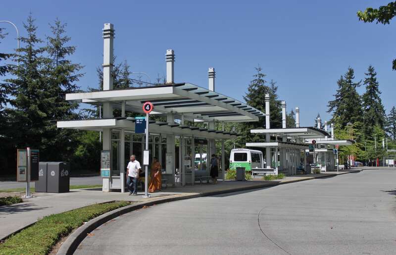 The bus bays at Overlake Transit Center, a bus station in Redmond, Washington, near the Microsoft headquarters. In 2023, it will become the terminus of the Eastern line of Link light rail, at which point new bus bays will be built.