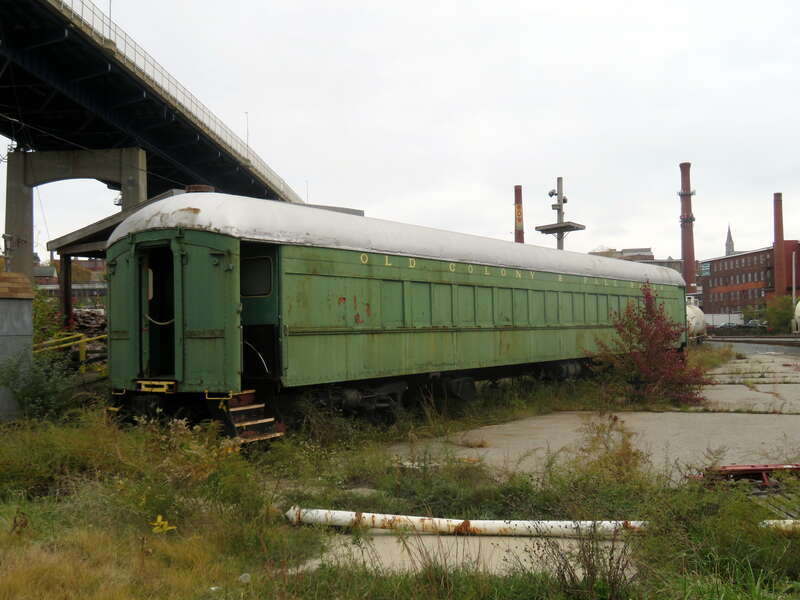 Pennsylvania Railroad P70 coach, formerly part of the Old Colony &amp;amp; Fall River Railroad Museum, left at Fall River Wharf in October 2020