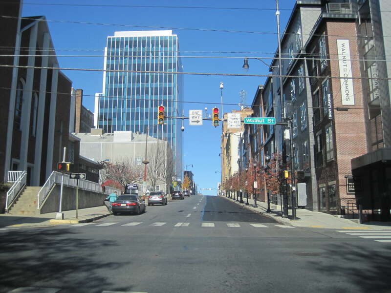 Photo of northbound Pennsylvania Route 145 (6th Street) in Allentown, Pennsylvania. Photo taken looking north-northwest at Walnut Street.