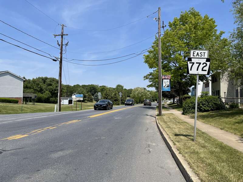 Eastbound Pennsylvania Route 772 (Manheim Street) past the intersection with Old Market Street in Mount Joy, Pennsylvania