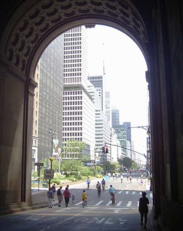 Uptown traffic exits the Park Avenue Viaduct through the eastern portal of the Helmsley Building during &quot;Summer Streets&quot;, when seven miles of New York city streets are closed to vehicular traffic.