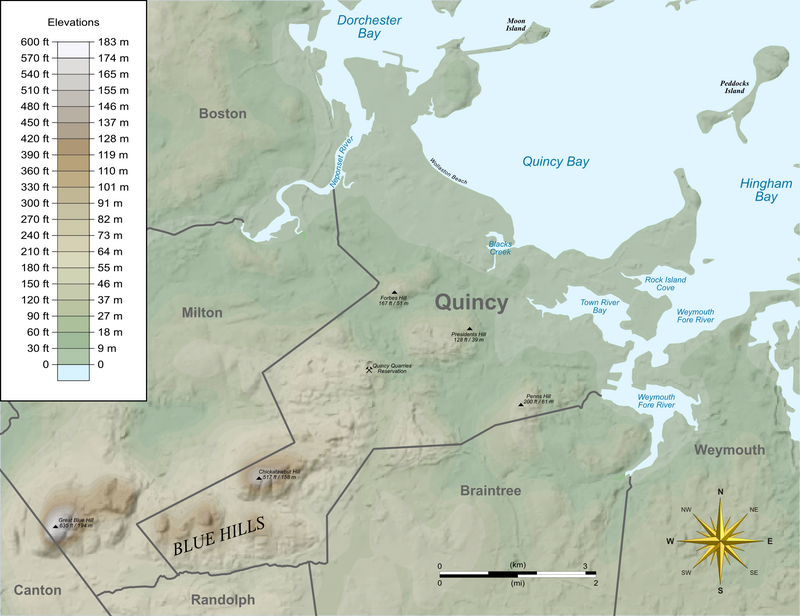 Relief map of Quincy, Massachusetts showing features and elevations.