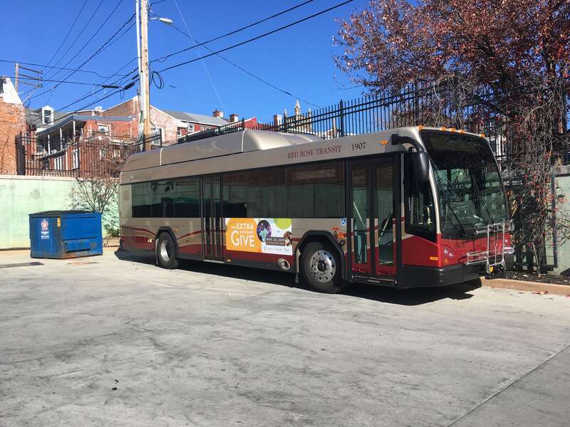 Red Rose Transit Authority (RRTA) Gillig BRT bus #1907 at the Queen Street Station in Lancaster, Pennsylvania