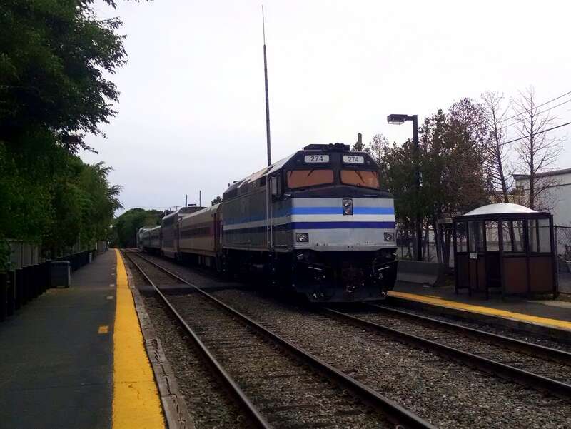 Rail World #274, under lease to Keolis Commuter Services, pushes an inbound Newburyport/Rockport Line train at North Beverly in June 2015