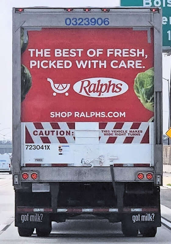 Rear view of a semi-trailer belonging to the Ralphs grocery chain on Interstate 405 in Westminster, California, USA.