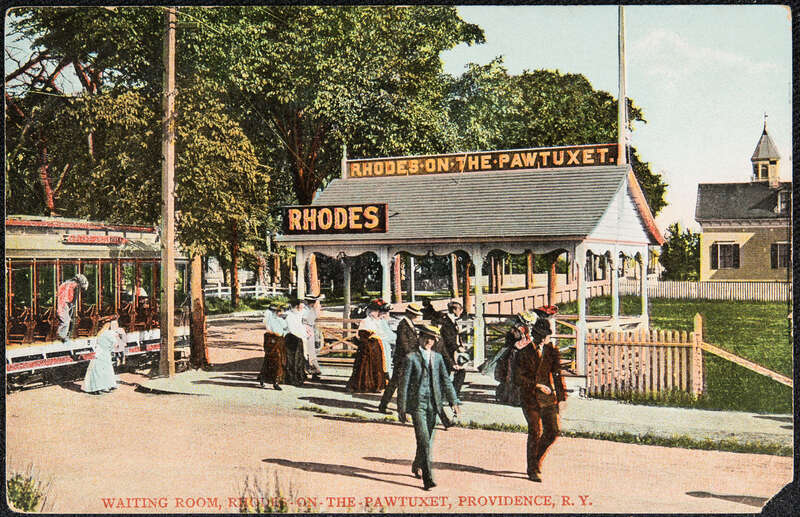 Divided back postcard of the streetcar waiting room at Rhodes-on-the-Pawtuxet