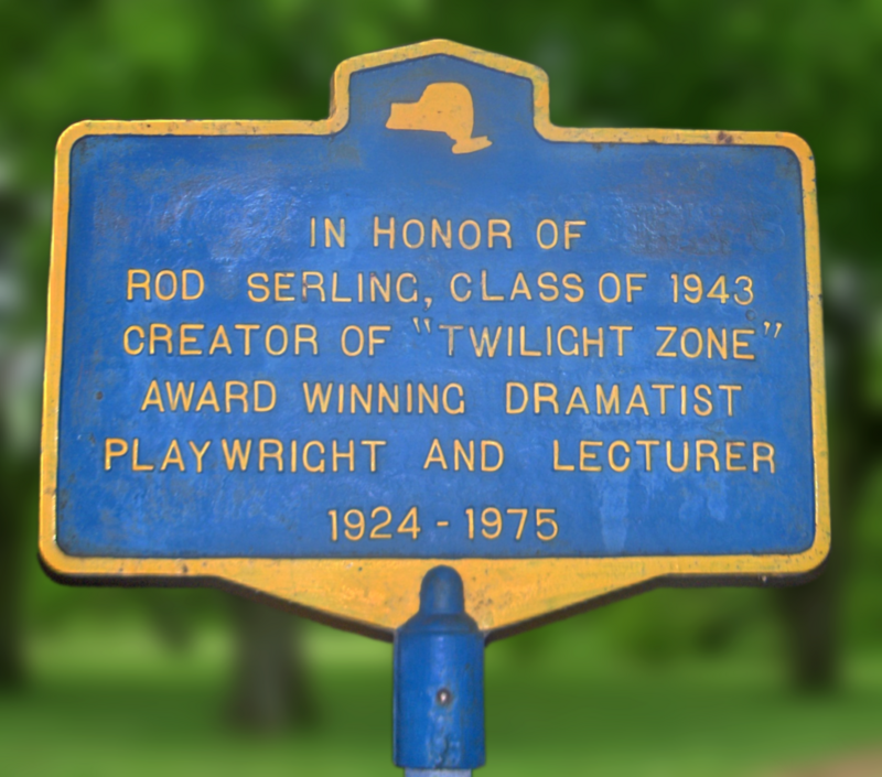 Memorial sign for Rod Serling, located on the grounds of Binghamton High School, Main Street between Front Street and Oak Street, Binghamton, New York, United States.  This sign sometimes faces the street and at other times gets turned perpendicular