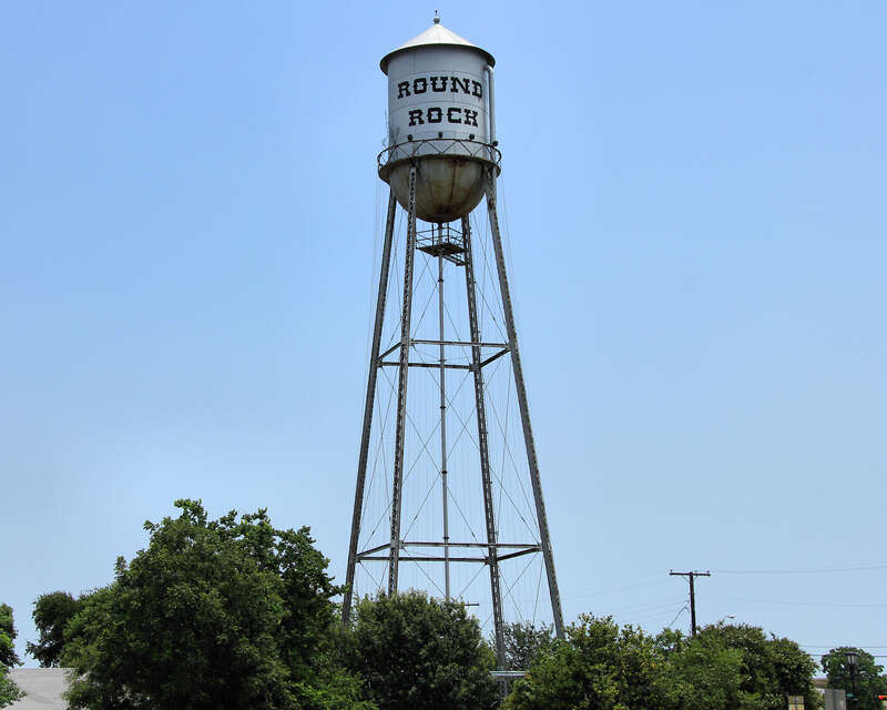 The historic Round Rock water tower in Round Rock, Texas, United States. Although the tower is no longer operational, it still serves as a local landmark.