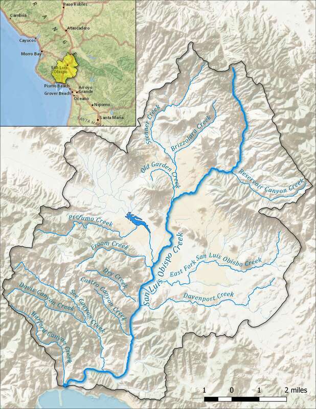 Map of San Luis Obispo (SLO) Creek, its watershed boundary, and significant tributary creeks