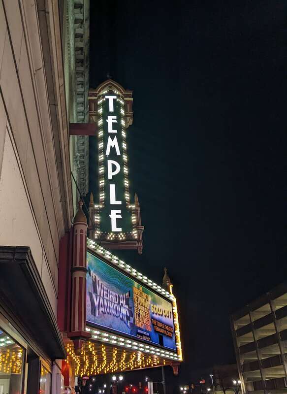 Detail of the marquee of the Temple Theatre in Saginaw, Michigan, from street level.