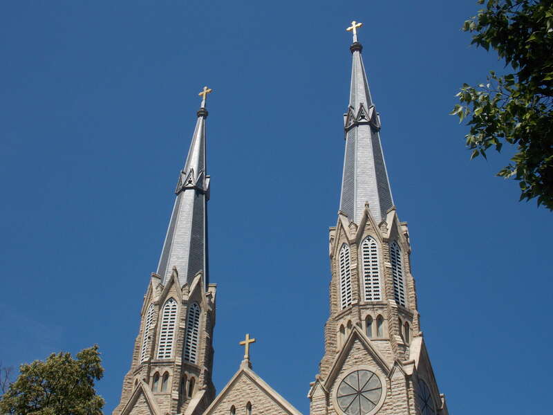 The spires on Saint Mary's Cathedral in Peoria, Illinois.  The church is a contributing property on the North Side Historic District.