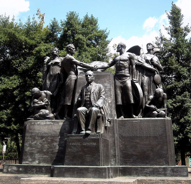 The Samuel Gompers Memorial located at the intersection of 10th Street, L Street, and Massachusetts Avenue, NW in Washington, D.C. Designed by Robert Aitken in 1933, the Beaux Arts sculpture is now owned by the National Park Service and is listed on