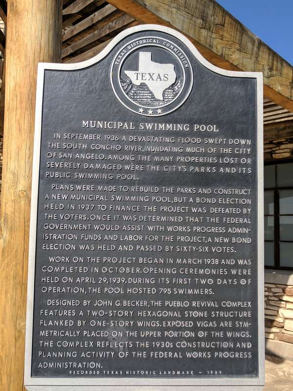 Municipal Swimming Pool. In September 1936 a devastating flood swept down the South Concho River, inundating much of the city of San Angelo. Among the many properties lost or severely damaged were the city's parks and its public swimming pool. Plans