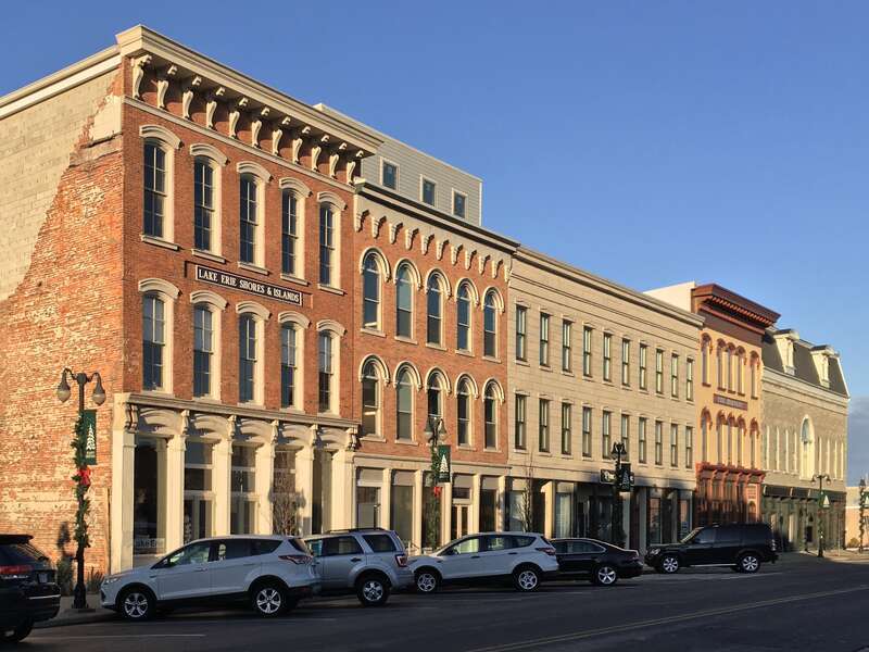 Looking eastward along East Water Street from just past the corner of Columbus Avenue in the downtown/waterfront area of Sandusky, Ohio, December 2020.