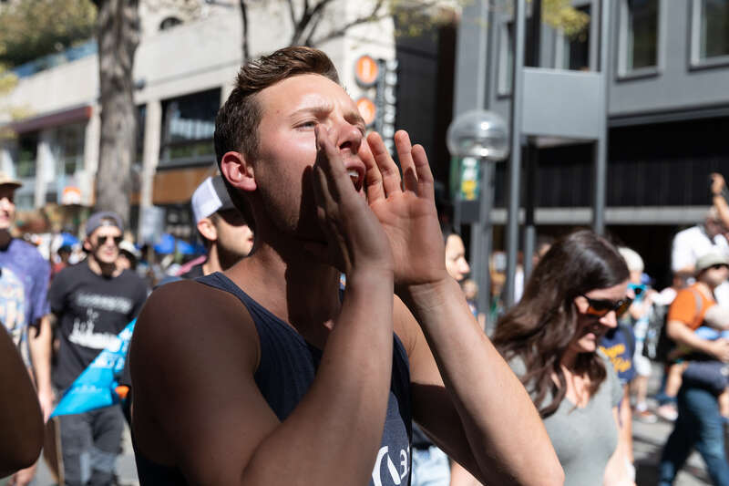 A man shouts as he chants with the croud. Photo: Andy Bosselman, Streetsblog Denver