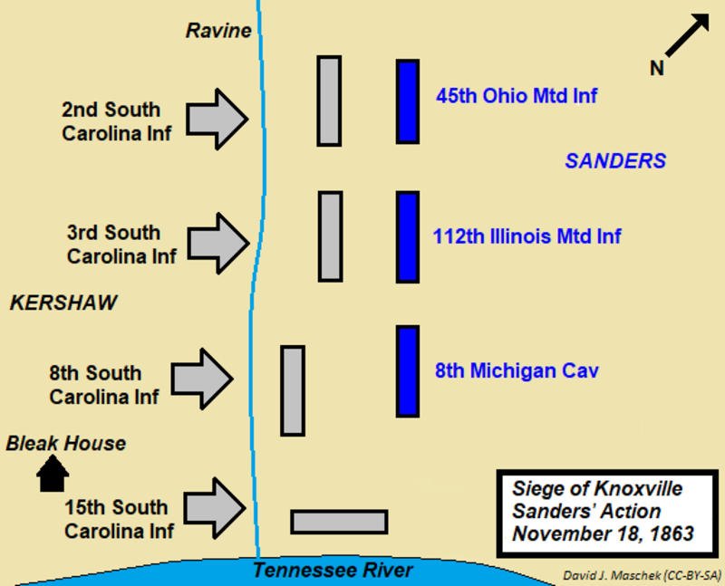 Map shows Union General William P. Sanders' delaying action previous to the Siege of Knoxville on November 18, 1863. Sanders' troops were attacked by General Joseph Kershaw's Confederate brigade and driven back into Knoxville's defenses.