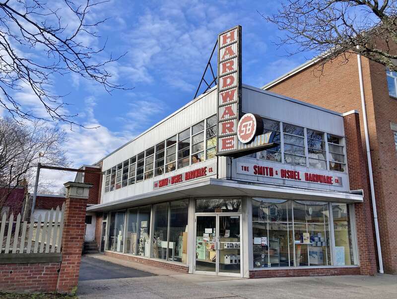 Photograph taken in January 2024 of the Smith &amp;amp; Bishel Hardware store building in Middletown, Connecticut.