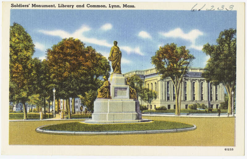 File name: 06_10_000821
Title: Soldiers' Monument, Library and common, Lynn, Mass.
Created/Published: Tichnor Bros. Inc., Boston, Mass.
Date issued: 1930 - 1945 (approximate)
Physical description: 1 print (postcard) : linen texture, color ; 3 1/2 x 5