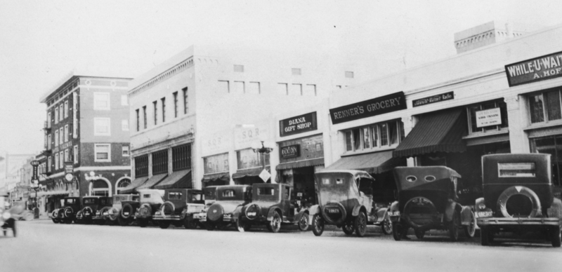 South side of the 200 block of West Center Street, Anaheim, California, c.1924–1926, Valencia Hotel, intersection of Lemon Street, and S.Q.R. department store at left