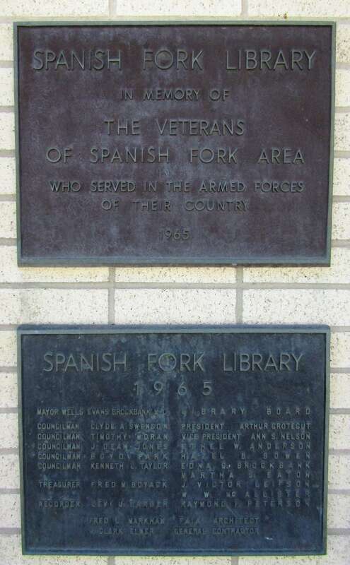 Plaque for the Spanish Fork Library, dated 1965.