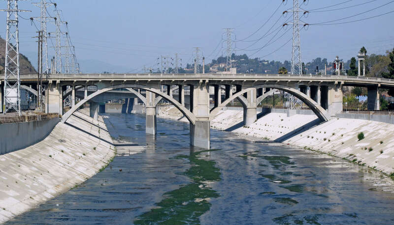 The Spring Street bridge over the Los Angeles River, seen from the Main Street bridge.