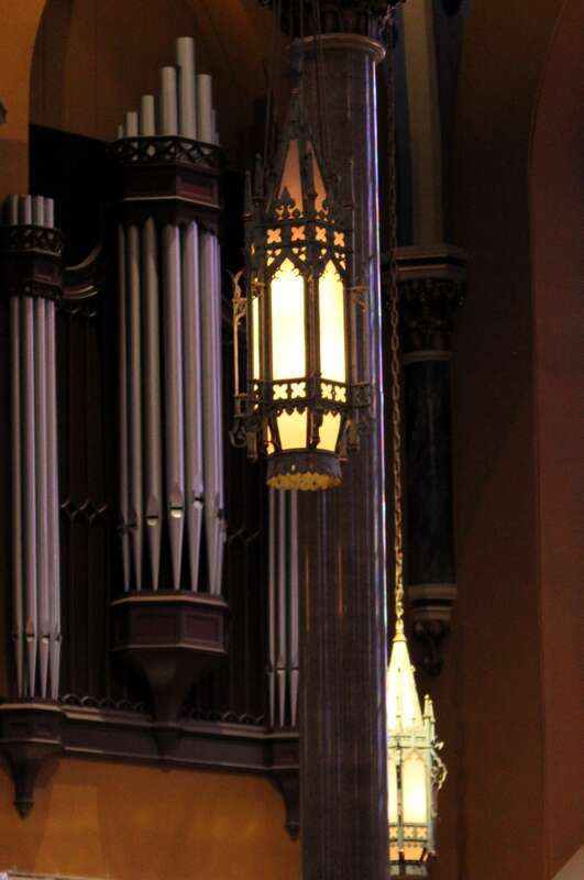 Interior light fixtures in the Cathedral of Saint Mary of the Immaculate Conception in Peoria, Illinois. They were designed by Ralph Adams Cram and manufactured by the Kinsley &amp;amp; Mahler Co. of Peoria. They were installed in 1935.