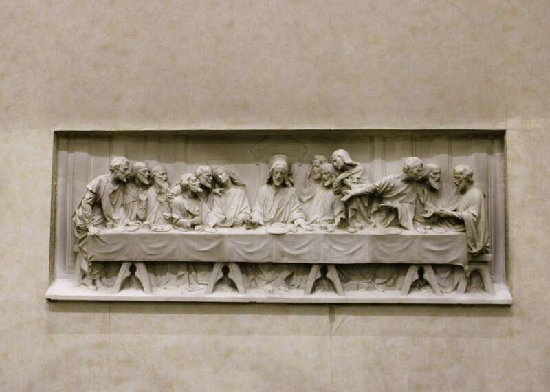 The relief of the Last Supper in the Blessed Sacrament Chapel in Saint Mary Cathedral in Lansing, Michigan. It was originally part of the altar frontal in the cathedral.