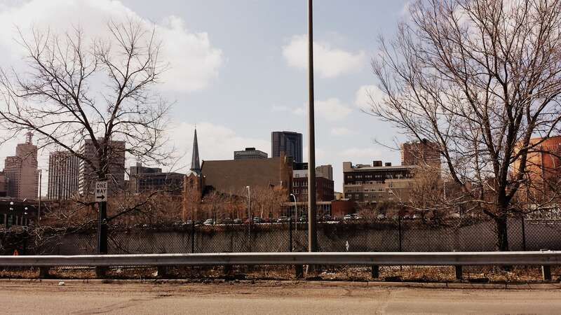 Downtown Saint Paul as seen from Broadway Street and 10th Street.