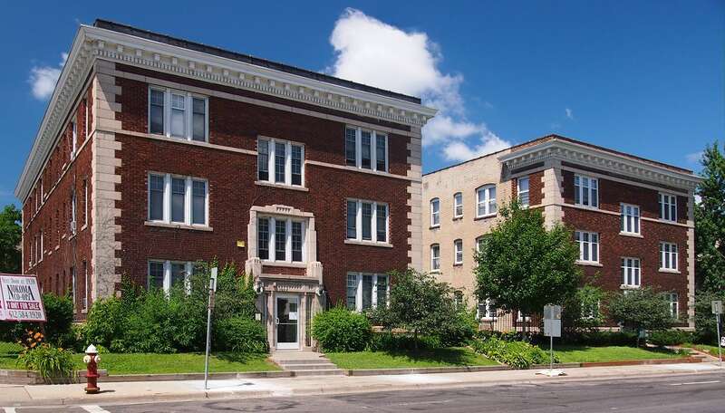1926 &amp;amp; 1920 3rd Ave S (respectively The Lonoke and an unnamed apartment building, both built in 1915), Stevens Square Historic District, Minnesota, USA.  Viewed from the east-southeast at the corner of 3rd and Franklin Aves.