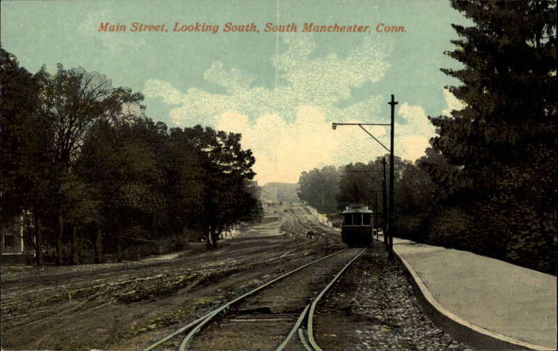 Divided back postcard of a streetcar on Main Street near Manchester Center