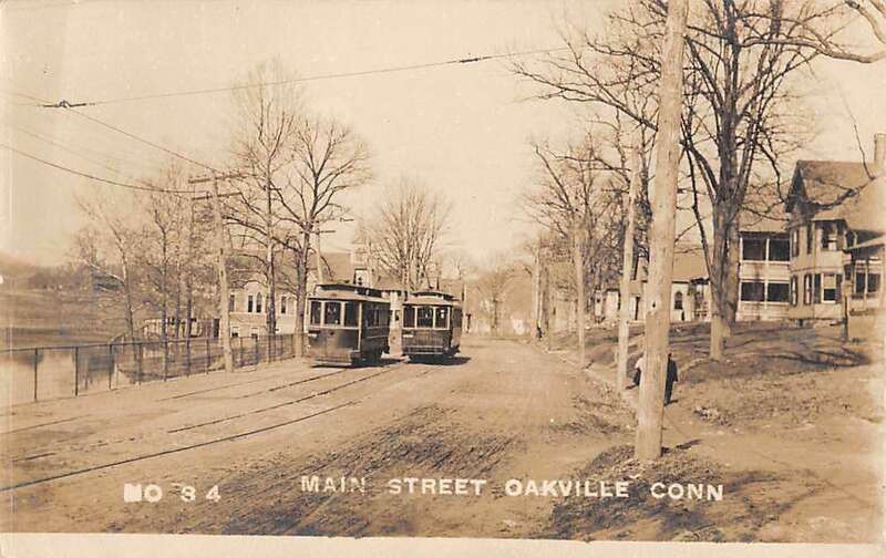 Divided back postcard of two streetcars in Oakville, Connecticut on the Watertown–Waterbury route