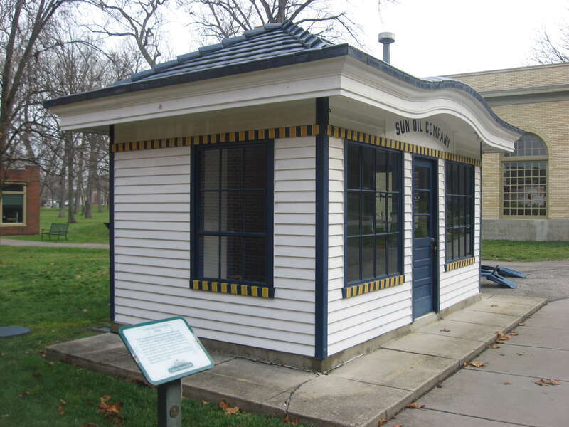 Comprehensive view of a former Sunoco gas station at Carillon Historical Park in Dayton, Ohio, United States.  Built in 1924 at the intersection of Brown and Warren Streets in Dayton, it was moved to its current location in 1982.