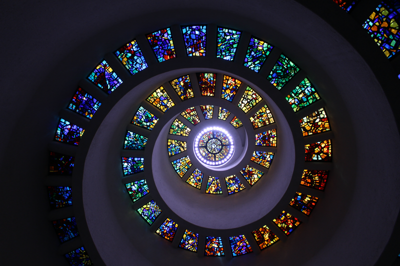 The 'Glory Window' ceiling of the Chapel of Thanksgiving located in Thanksgiving Square. Downtown Dallas Texas.