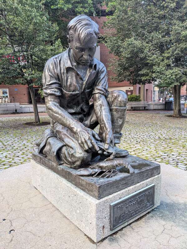 The Maine Lobsterman sculpted by Victor Kahill for the 1939 New York World's Fair. Now located at Lobsterman Park in the Old Port district of Portland, Maine (at the intersection of Middle and Temple Streets).