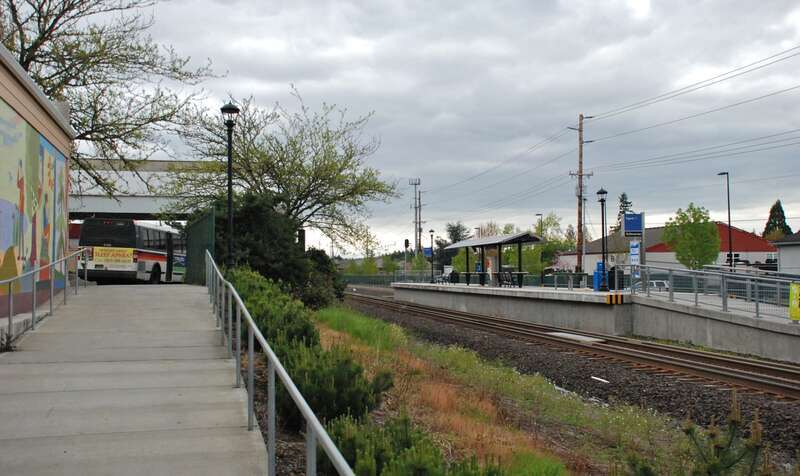 The WES commuter-rail station at Tigard Transit Center, viewed from the walkway connecting it to the transit center's bus area.