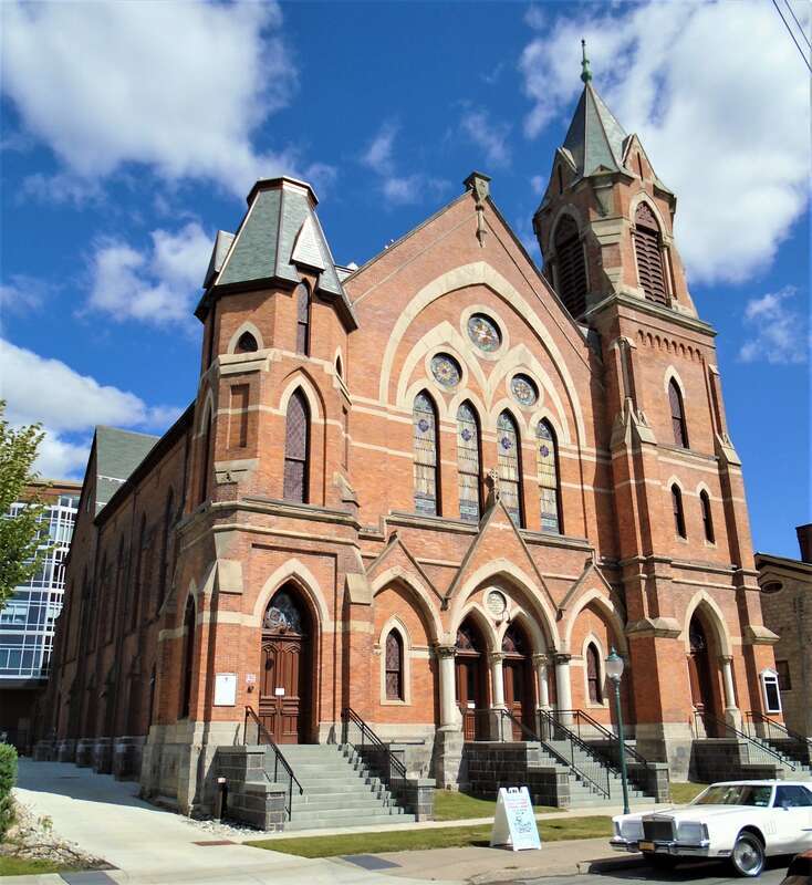 Universal Preservation Hall, located at 25 Washington Street in Saratoga Springs, New York was built in 1871 as the First Methodist Episcopal Church, which was designed by Elbridge Boyden in the High Victorian Gothic style.  It was sold to the