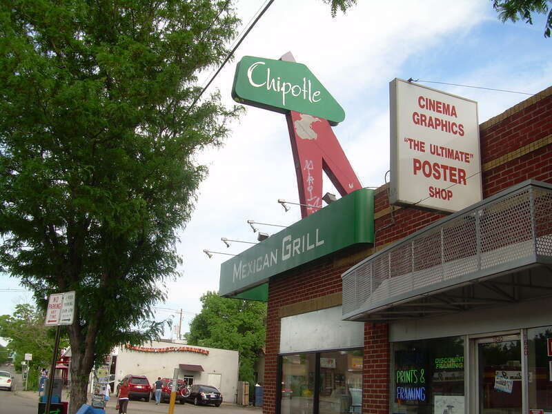 The first Chipotle Mexican Grill restaurant in Denver, Colorado, in a former Dolly Madison Ice Cream store at 1644 East Evans Avenue.