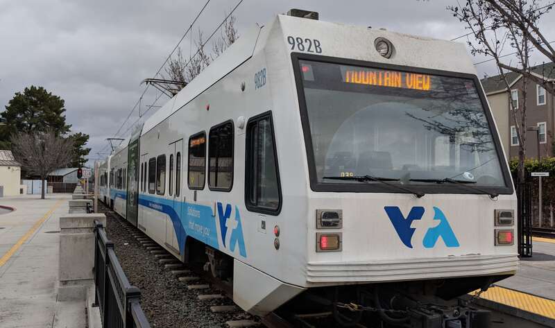 Santa Clara Valley Transportation Authority light rail vehicle built Kinki Sharyo at Winchester station in Campbell, California.
