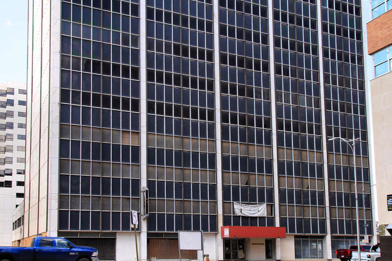 The historic Vaughn Building in downtown Midland, Texas, United States. The building was derelict when this image was taken.