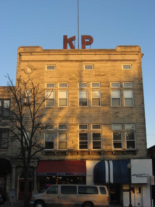 Front of the Knights of Pythias Building, located at 114 N. Walnut Street in downtown Bloomington, Indiana, United States.  Designed by John L. Nichols and built in 1907, it is part of the Courthouse Square Historic District, a historic district that