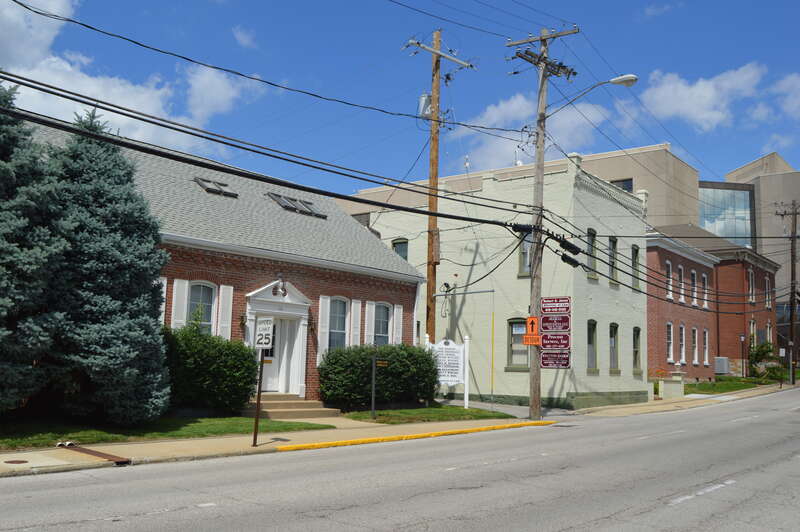 Buildings on the northern side of Washington Street, looking east toward First Street and the St. Clair County Courthouse, in Belleville, Illinois, United States. This block is part of the Blair Historic District, a historic district that is listed