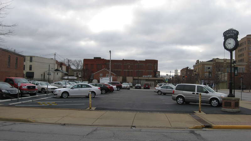 A parking lot on the southeastern corner of the junction of Water and Wayne Street in Sandusky, Ohio, United States.  The parking lot occupies the site of the Exchange Hotel, which was built in 1837 and hosted such dignified guests as Charles