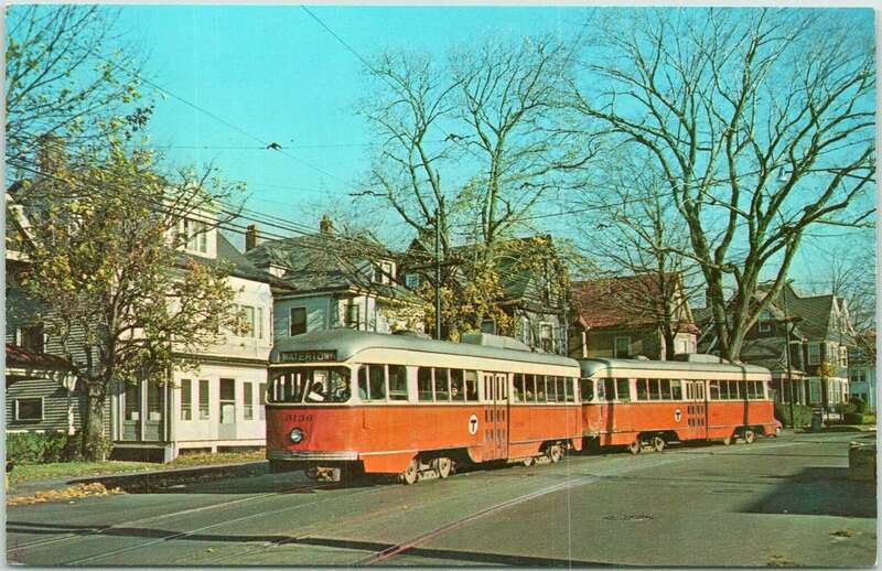 A 1960s postcard of a Watertown-bound train on Tremont Street in Newton. The MBTA logos on the streetcars place this between 1964 and 1969.