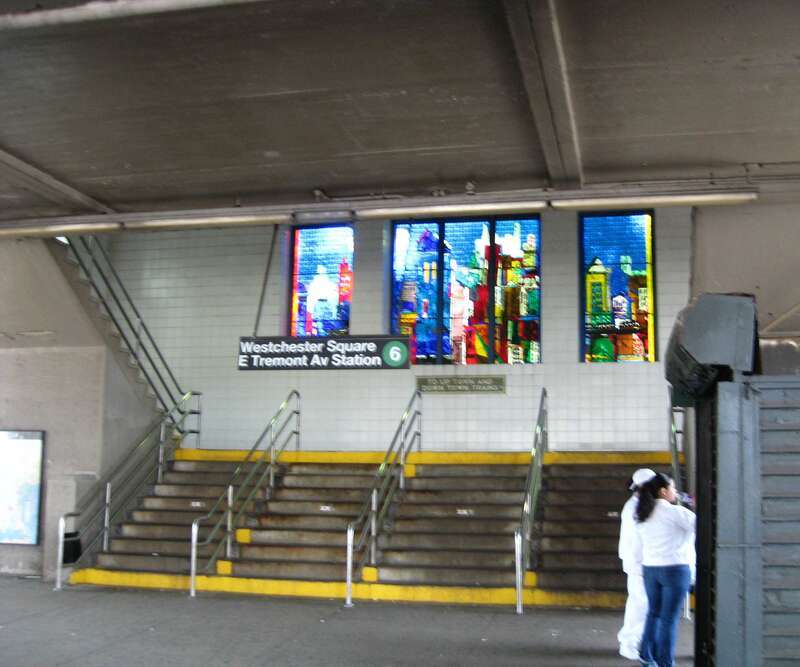 Looking north and up into en:Westchester Square–East Tremont Avenue (IRT Pelham Line) grand staircase at Noon on a sunny springtime day.