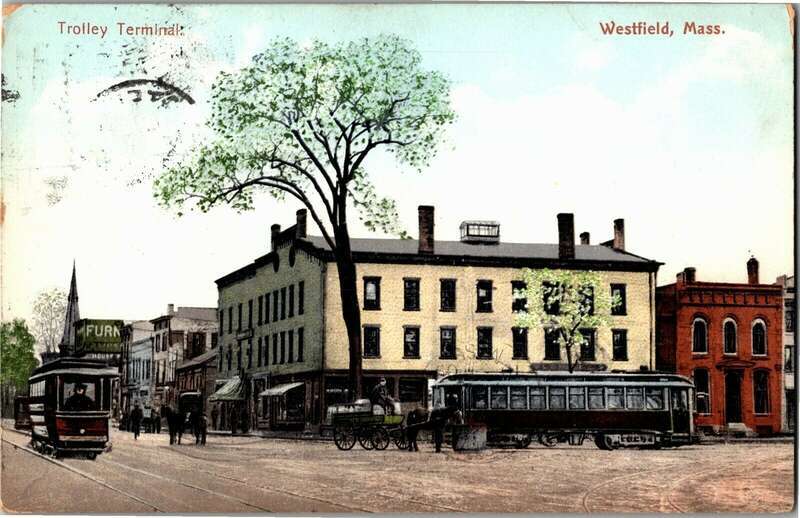 Divided back postcard of the streetcar terminal at Park Square in Westfield, Massachusetts