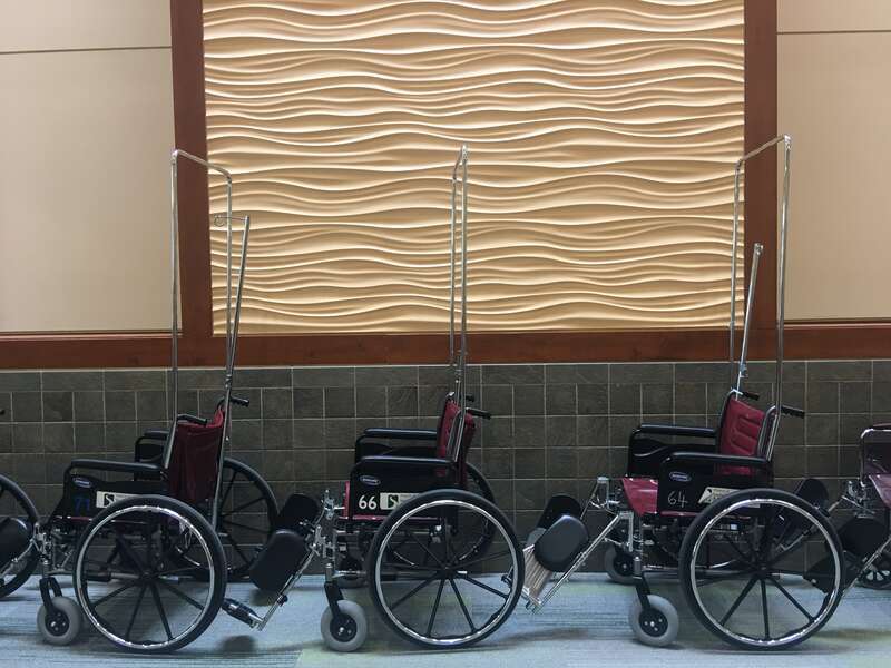 These wheelchairs are awaiting patients at the emergency department of a hospital in Nashua, New Hampshire, USA