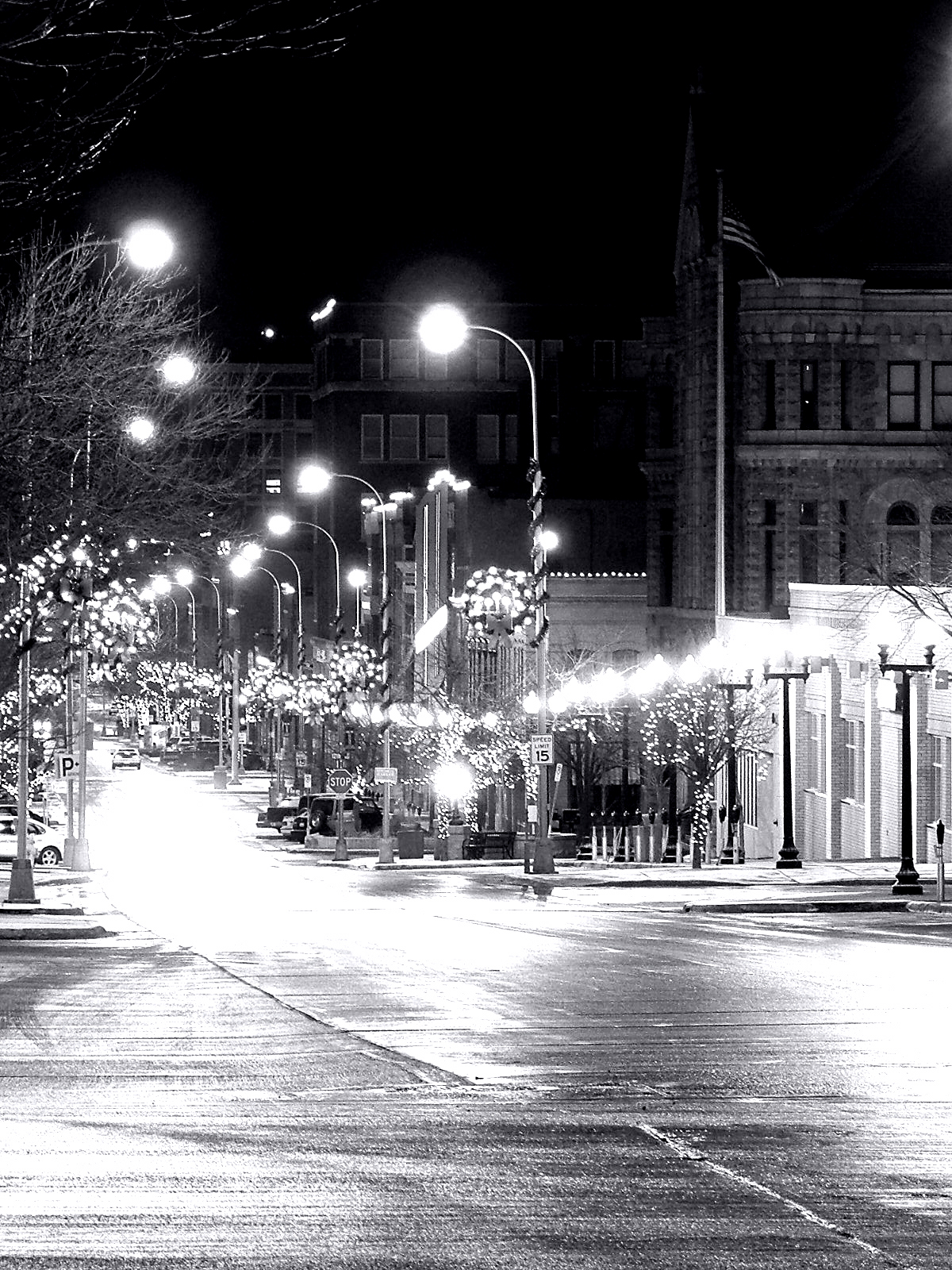 I was driving around after work on Christmas Eve and ended up downtown.  I had my camera with me luckily and took a few shots.  In color, they weren't all that good with the washed out amber glow of the streetlights, but in B&amp;amp;W, I think they